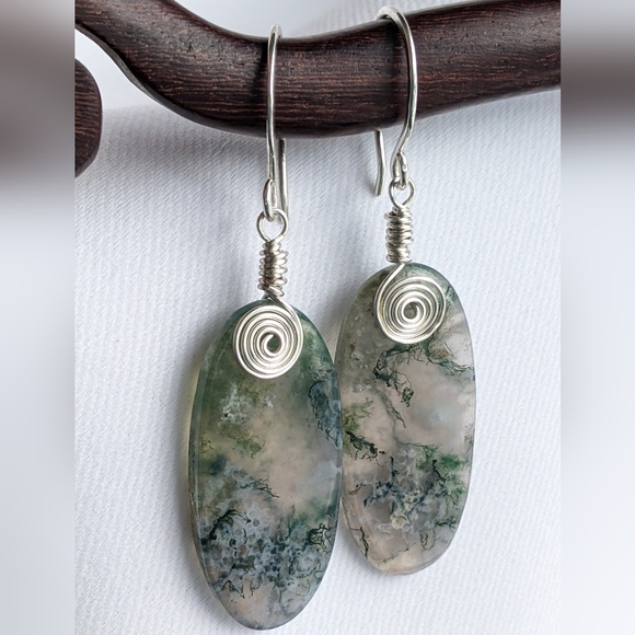 Sterling Silver Earrings Earthy Green Moss Agate Gems Bohemian Spiral Details - Picture 14 of 15